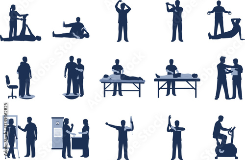 Physiotherapy Silhouettes Icon Set Collection | Physical Therapy, Rehabilitation, and Health Vector Illustration