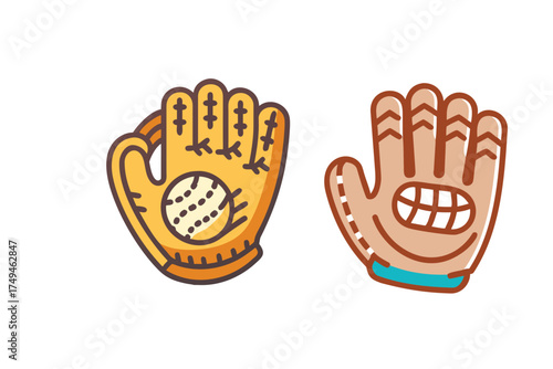 Two baseball gloves and a hand depicted in a simple style silhouette