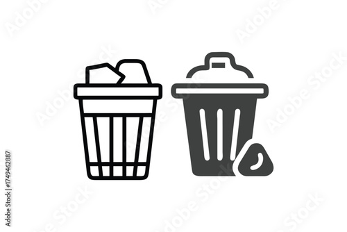 Two trash bins one overflowing simple black and white graphic silhouette