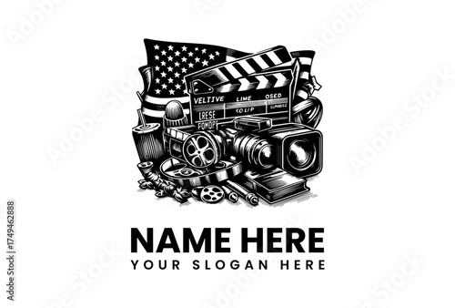 Monochrome illustration of classic movie production gear including a film camera and slate against a USA flag. Retro cinema industry concept design