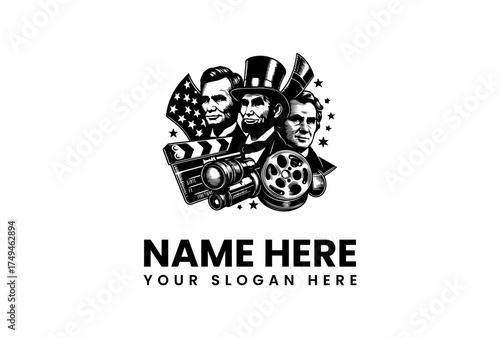 Logo design featuring iconic historical figures and film elements for a cinematic or entertainment-related brand