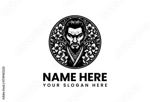 Intense Samurai Warrior Logo Featuring a Serene Floral Background, Ideal for a Martial Arts Brand