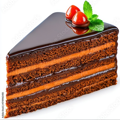 Rich Chocolate Layer Cake Slice with Cherries and Mint