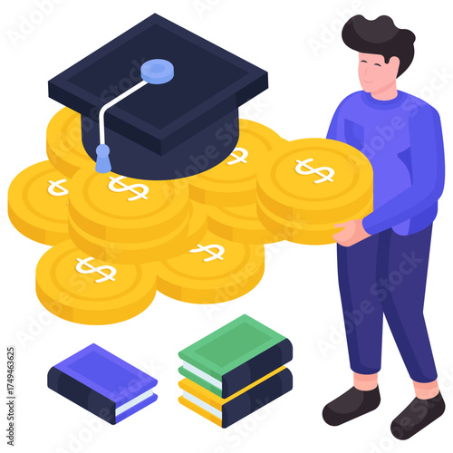 Mortarboard with dollar, isometric design of learning grant