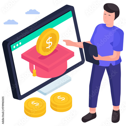 Mortarboard with dollar, isometric design of scholarship 