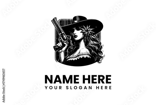 Monochrome vector emblem of a beautiful Western cowgirl holding a revolver, a vintage-style gunslinger logo illustration