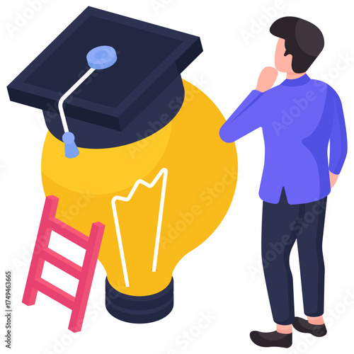 Mortarboard inside lightbulb, isometric design of academic writing illustration