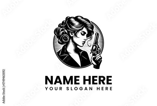 Vintage Gunwoman Logo Elegant Woman with Revolver for a Bold, Classic Brand