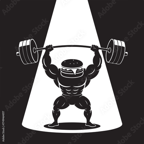 Hamburger Silhouette with Barbell Vector – Bold Character Shape, Minimalist Flat Design, White Background