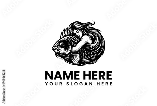 Embrace of the Deep A Woman's Bond with a Fish - Ideal Logo Design for a Fishing or Aquatic Brand
