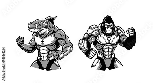 Digital illustration of a cyborg shark and gorilla, both muscular and ready for action.