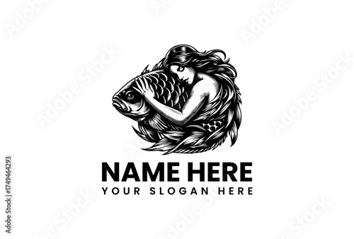 A beautiful mermaid with long hair tenderly holding a large fish. A black and white hand-drawn emblem for a fishing or seafood brand. Vector logo design concept 23.eps