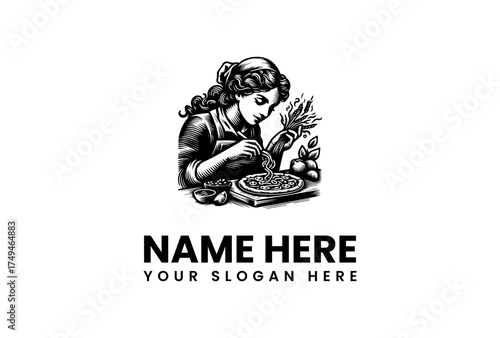 Vintage-style illustration of a woman preparing a pizza, perfect for a pizzeria or Italian restaurant logo