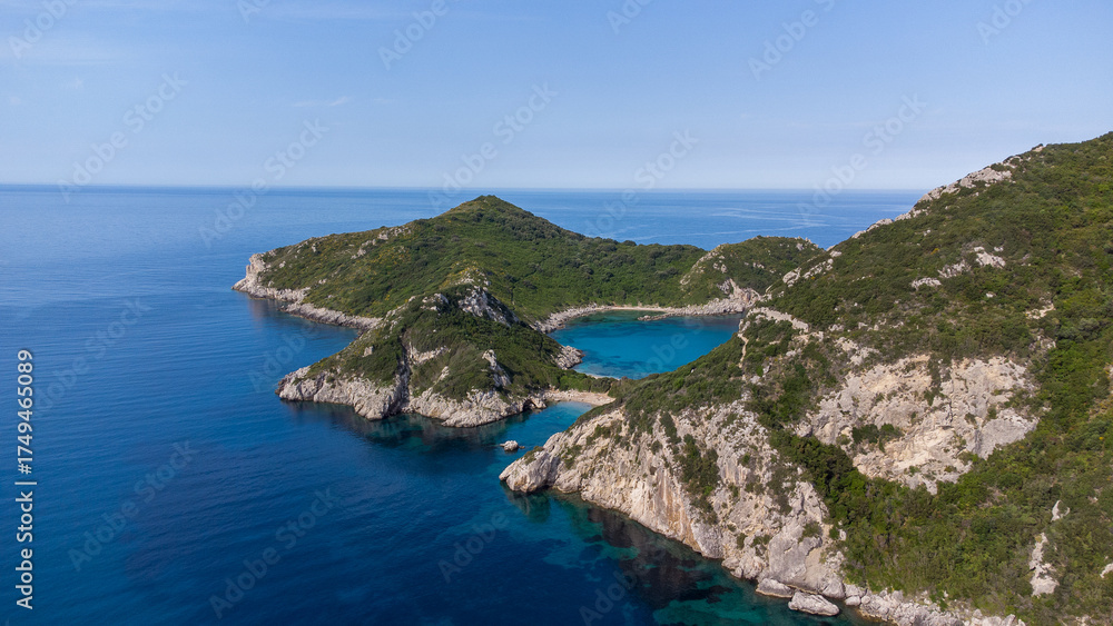Fototapeta premium Porto Timoni, Corfu Island, Greece — Aerial Drone View of Twin Bays and Turquoise Sea