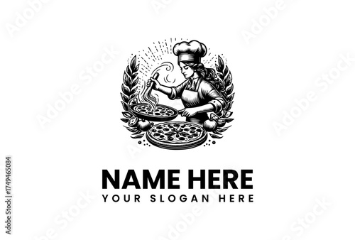 Pizza Chef Logo Design with Vintage Style and Wheat Wreath Decoration
