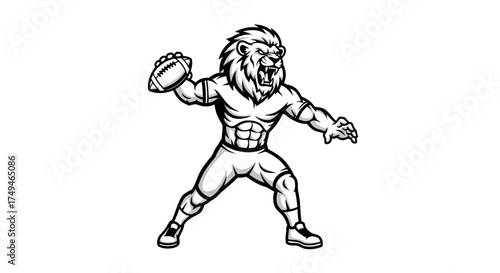 A muscular lion mascot in football attire prepares to throw the ball.