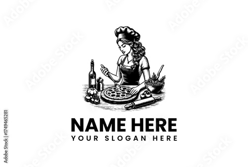 Elegant black and white vintage chef woman baking delicious pizza, a timeless graphic for a pizzeria, Italian restaurant, food business logo, or culinary brand identity