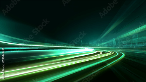 Abstract light trails in green and yellow colors over a dark background, representing speed and motion in a cityscape