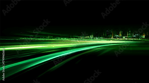 Abstract light trails in green and yellow colors over a dark background, representing speed and motion in a cityscape