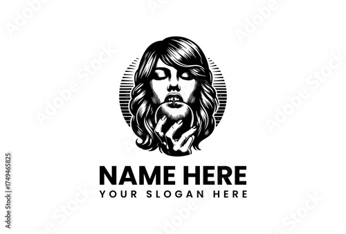 Elegant black and white portrait logo design featuring a woman with an apple, symbolizing temptation and knowledge