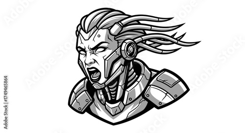 A grayscale illustration of a fierce cyborg woman with cables, robotic armor, and an open mouth, expressing anger or a battle cry.