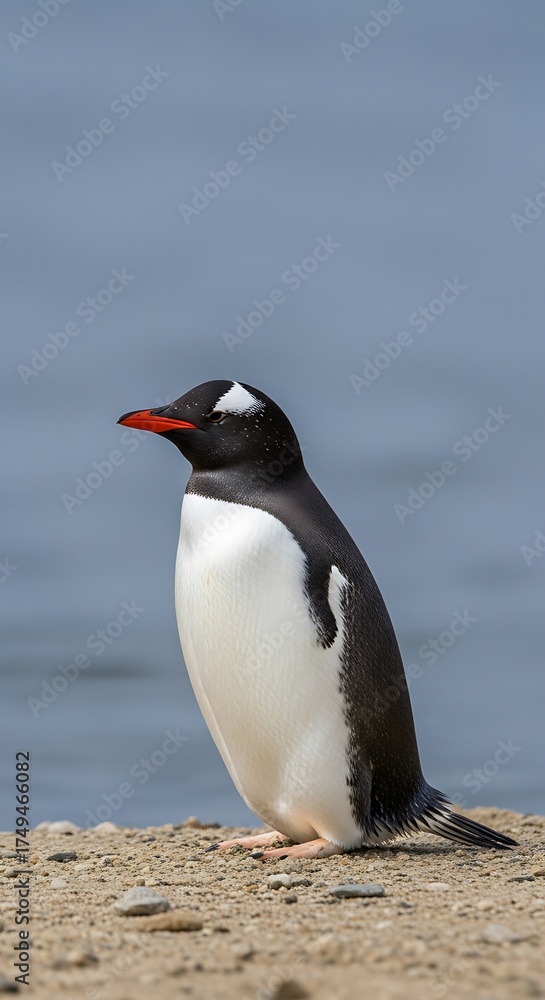 Naklejka premium Gentoo Penguin Standing Tall on Sandy Beach in Antarctica.