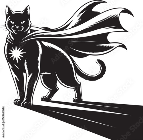 Super Cat Silhouette Vector – Bold Hero Pose with Cape, Minimal Shape Design