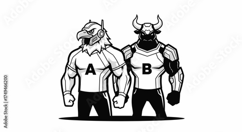 Cartoon illustration of a muscular eagle character labeled "A" and a bull character labeled "B" standing side-by-side.