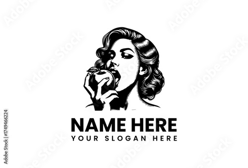 Classic logo design of a retro pin-up woman biting a fresh apple. A monochrome vector illustration suitable for branding and emblems
