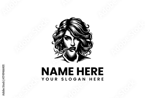 A classic black and white illustration of a beautiful woman artist holding a paintbrush. This vintage portrait is an ideal vector logo for a creative brand