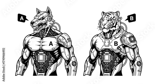 Two anthropomorphic cyborg creatures, a wolf and a tiger, are depicted in a detailed, artistic illustration.
