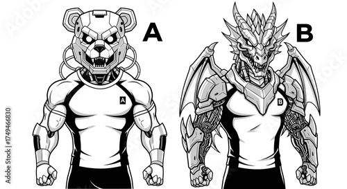 Two characters, a robotic bear and a dragon, are depicted wearing athletic shirts in a black and white illustration.