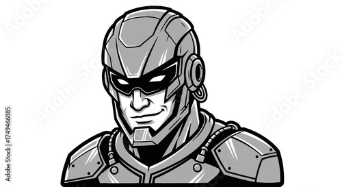 Close-up illustration of a futuristic armored character with a confident expression, wearing a helmet and shoulder pads.
