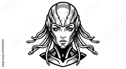Monochrome illustration of a futuristic woman with cables and a helmet, showcasing a blend of human and technological elements.