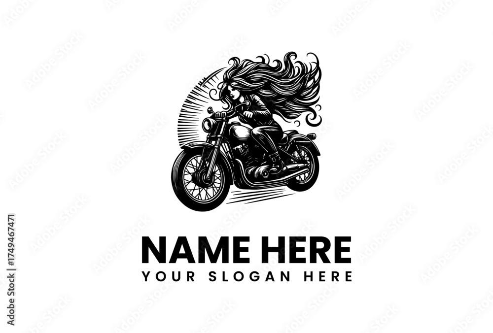 Obraz premium Elegant vector illustration depicting a powerful woman on a classic motorcycle, her hair dramatically flowing, capturing the spirit of adventure and rebellion, ideal for bold branding