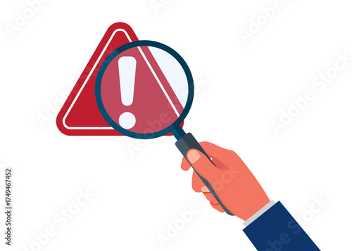 Red warning icon on a magnifying glass lens held by the businessman hand stock illustration.