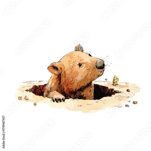 Cute Wombat Peeking from Burrow Hole - Hand-Drawn Animal Illustration.