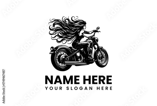 A powerful silhouette illustration of a female biker with wild, flowing hair riding a classic chopper motorcycle, designed as a bold emblem