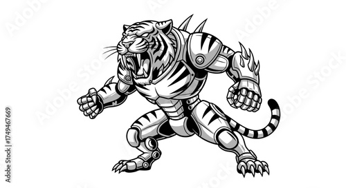 A mechanical tiger roars, standing on its hind legs with metal plating and spikes, in black and white.