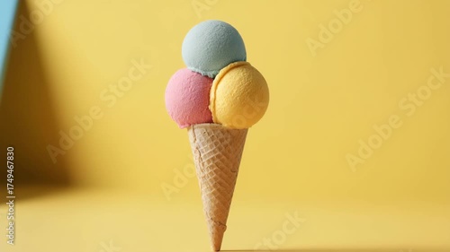 delicious ice cream cone with colorful scoops set against clean light yellow background