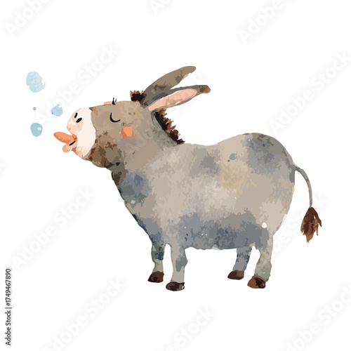 Cute Cartoon Donkey Blowing Bubbles Watercolor Illustration.