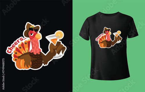 Funny cartoon turkey wearing a cowboy hat and sunglasses holding a cocktail ready for a party celebration