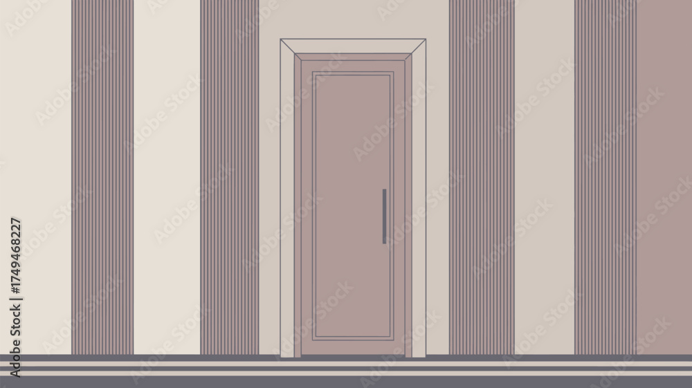 Fototapeta premium A closed door in a room with striped wallpaper in shades of beige and mauve with a grey baseboard