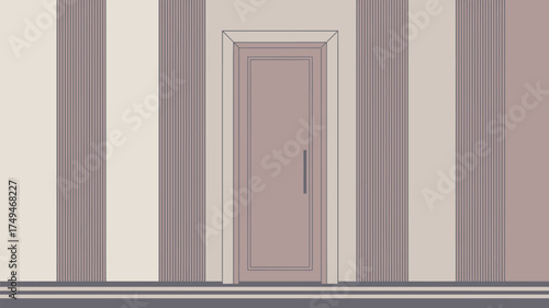 A closed door in a room with striped wallpaper in shades of beige and mauve with a grey baseboard