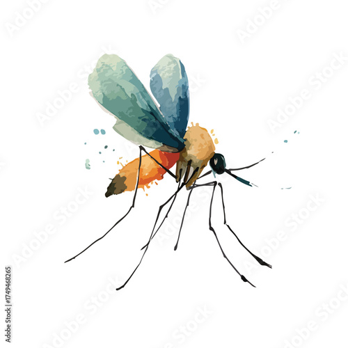 Vibrant Watercolor Mosquito Illustration with Artistic Splashes.