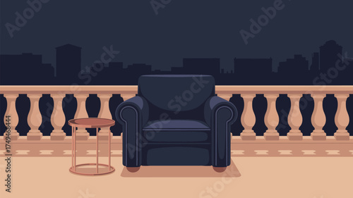 Armchair and table on a balcony overlooking a cityscape at night in a cartoon style illustration