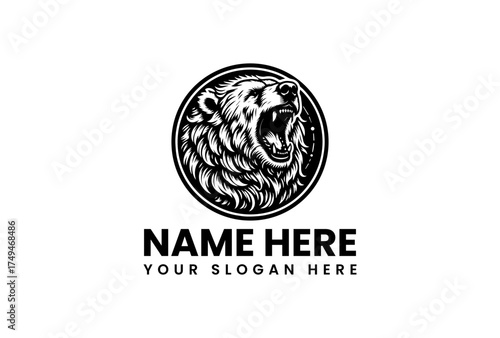 Fierce grizzly bear head roaring in a circular frame. A classic black and white vector illustration representing strength and wilderness