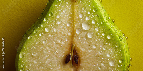 Closeup green pear with water droplets macro view of fresh fruit texture - AI generated