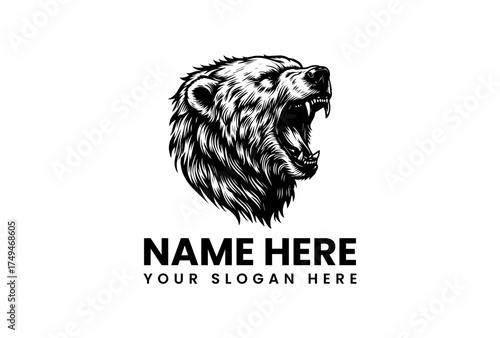 Fierce grizzly bear head roaring, a powerful hand-drawn mascot. This black and white vector illustration in a vintage engraving style is ideal for a logo