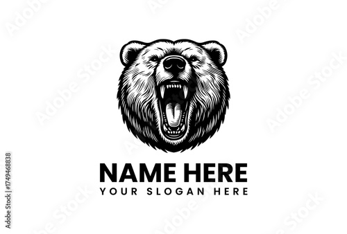 Aggressive grizzly bear head mascot roaring fiercely. A black and white vector logo design illustration perfect for a sports team or club emblem